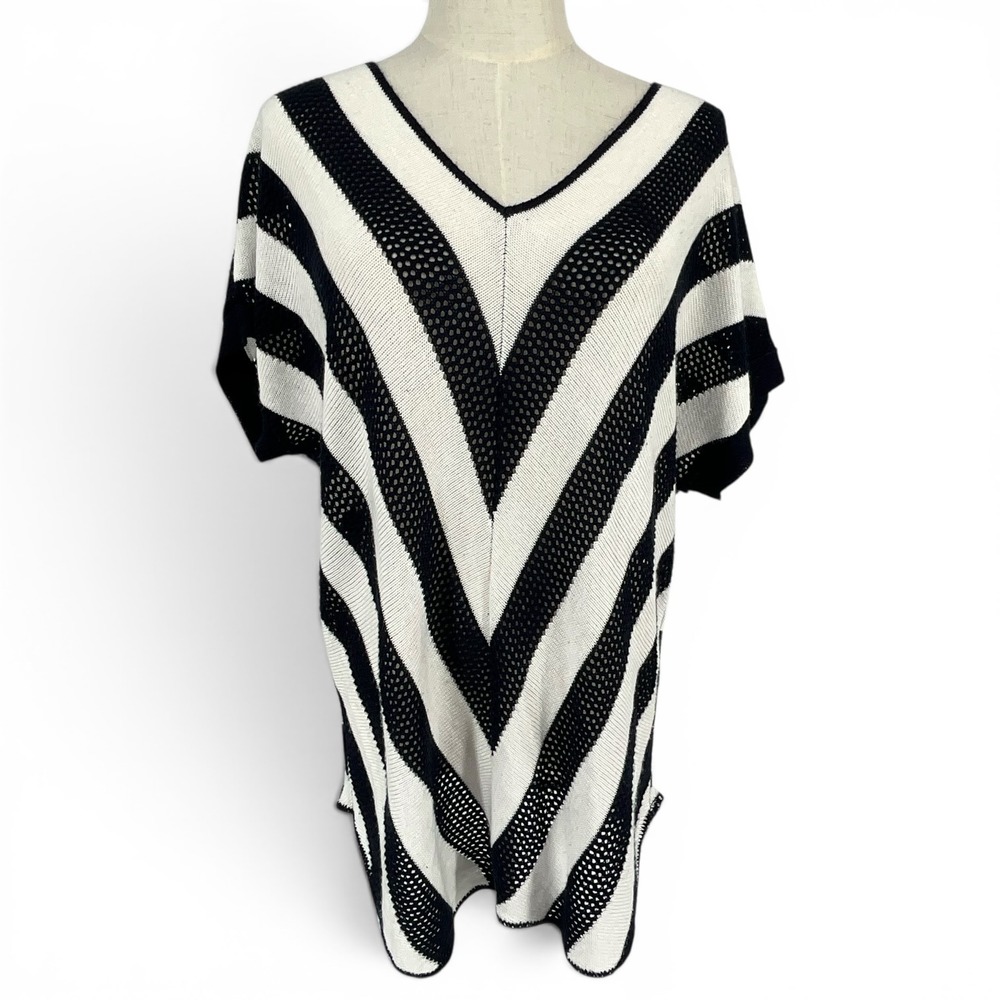 212 New York Womens XL Navy White Striped Open Knit V-Neck Sweater Top Nautical
